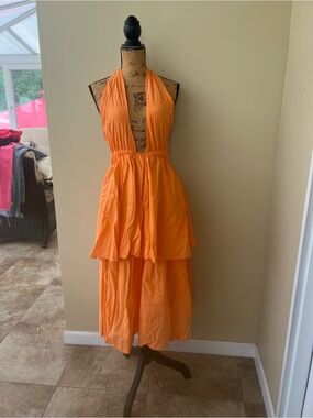 Reverse Bright Orange Plunge Neck Tiered Midi Dress